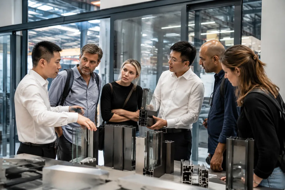 International architects reviewing aluminium window and door samples with the Foshan technical team