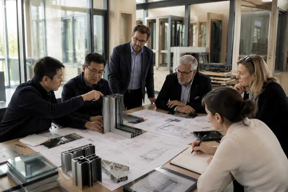 International project team reviewing facade drawings and aluminium profile details with Foshan engineers