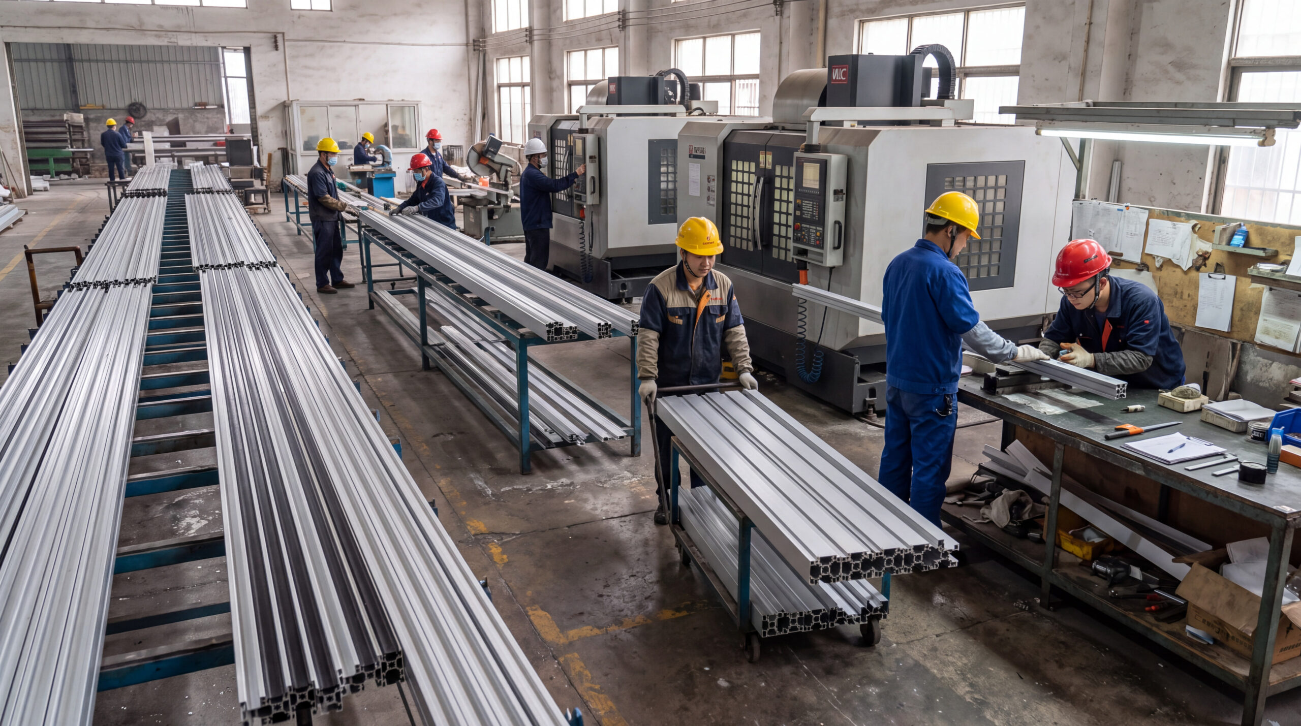 Helmeted workers in aluminium workshop
