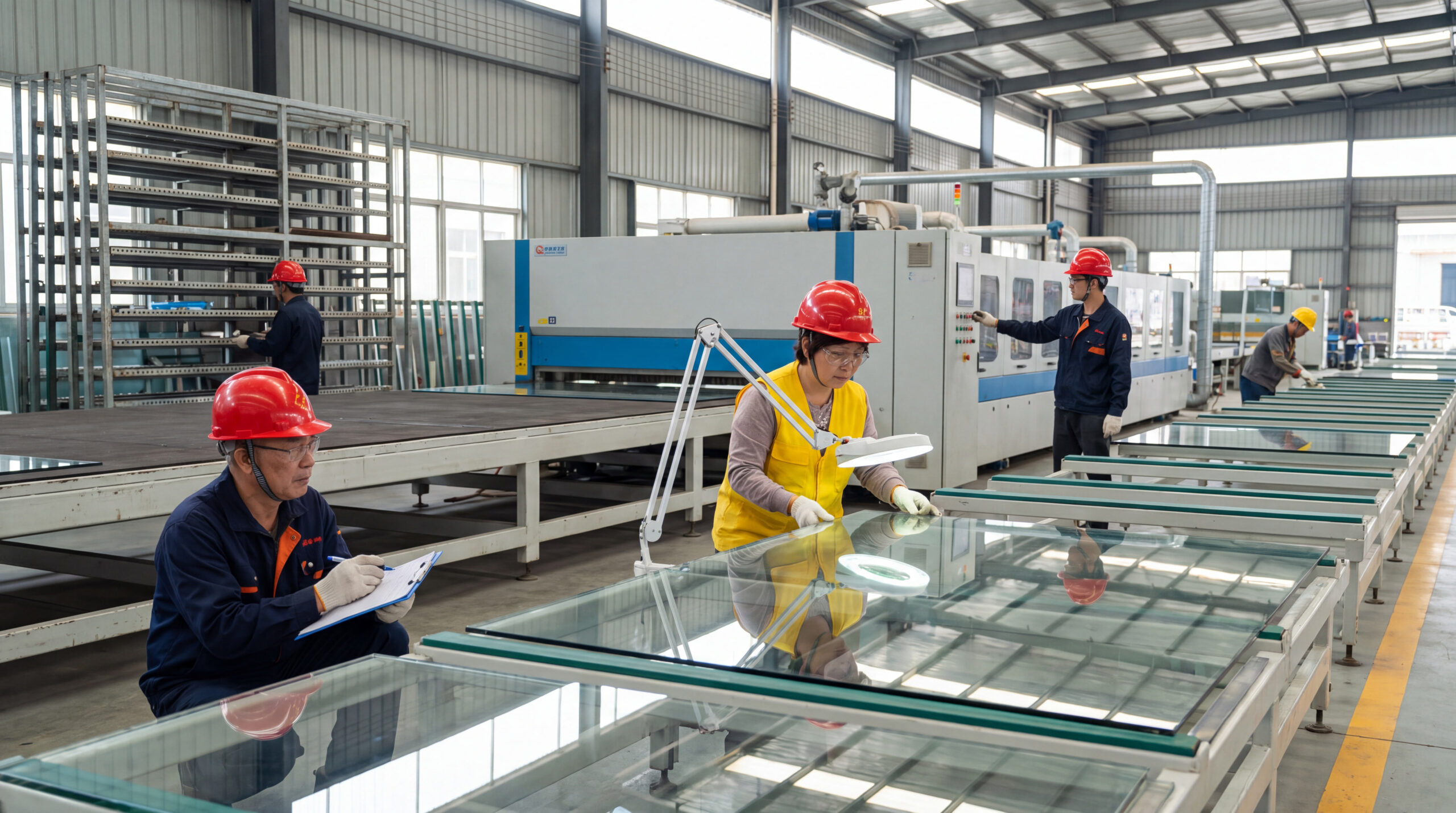 Helmeted workers processing architectural glass