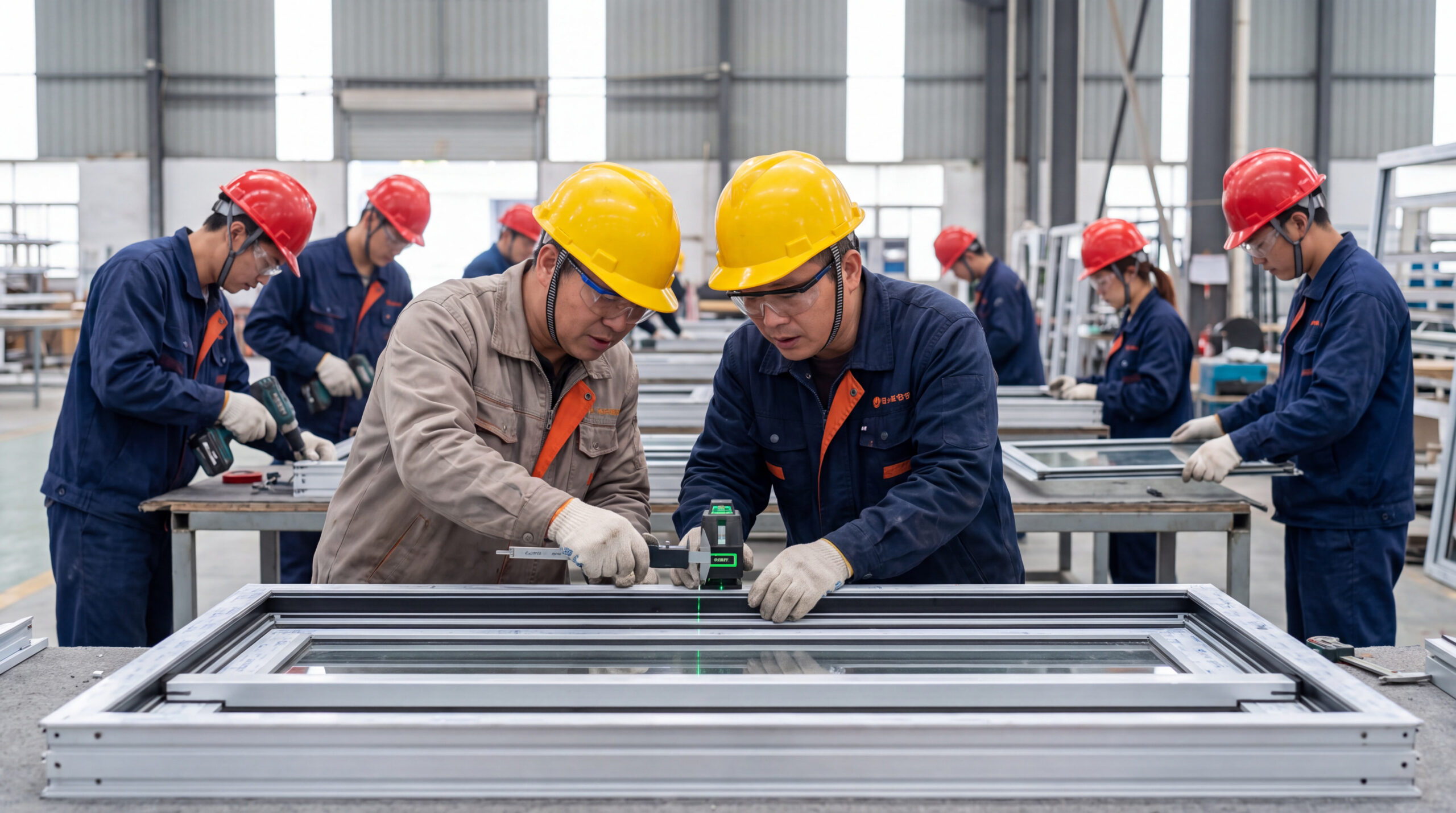 Helmeted workers during assembly