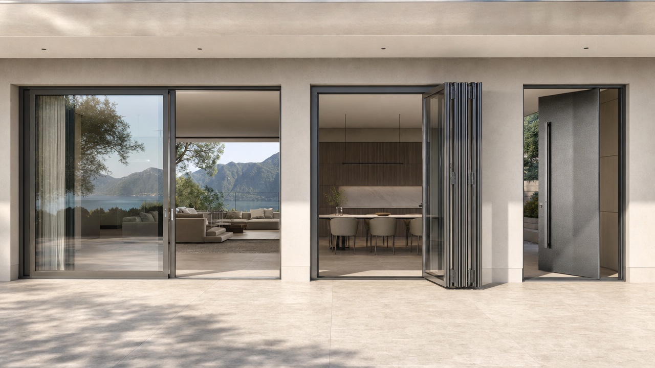 Large aluminium sliding, folding and pivot doors