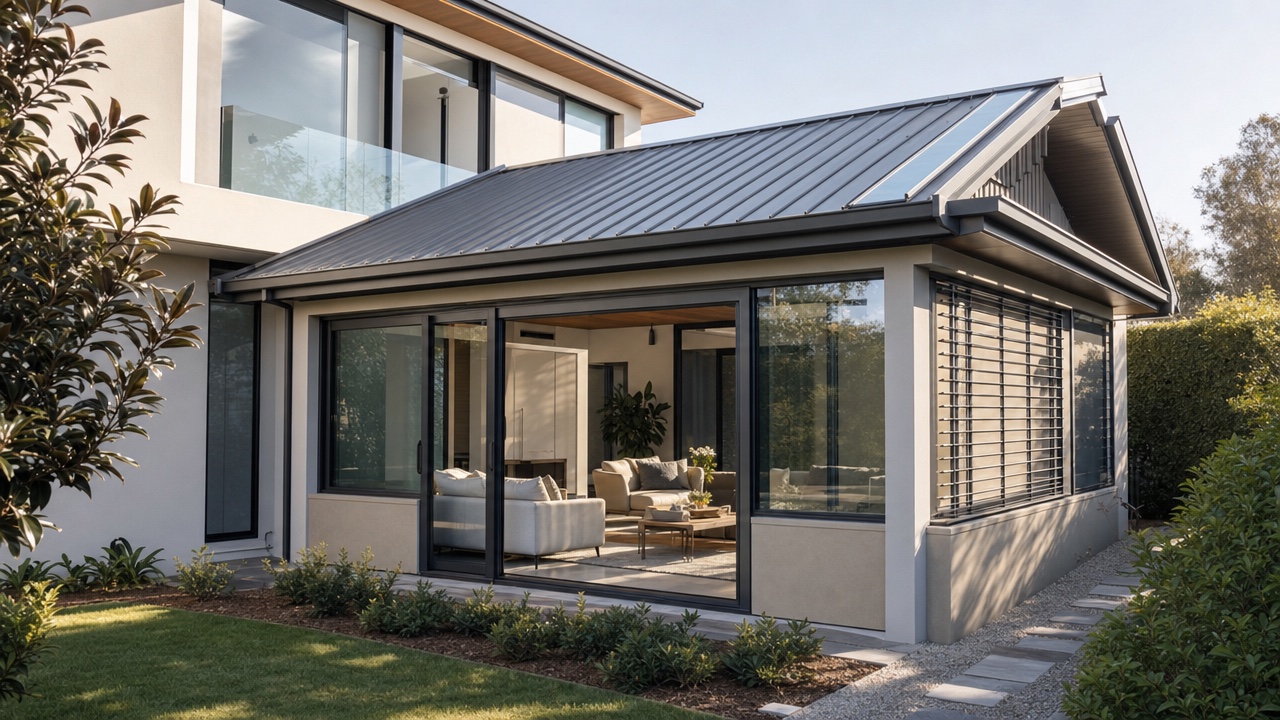 Insulated sunroom with solid roof and integrated skylight