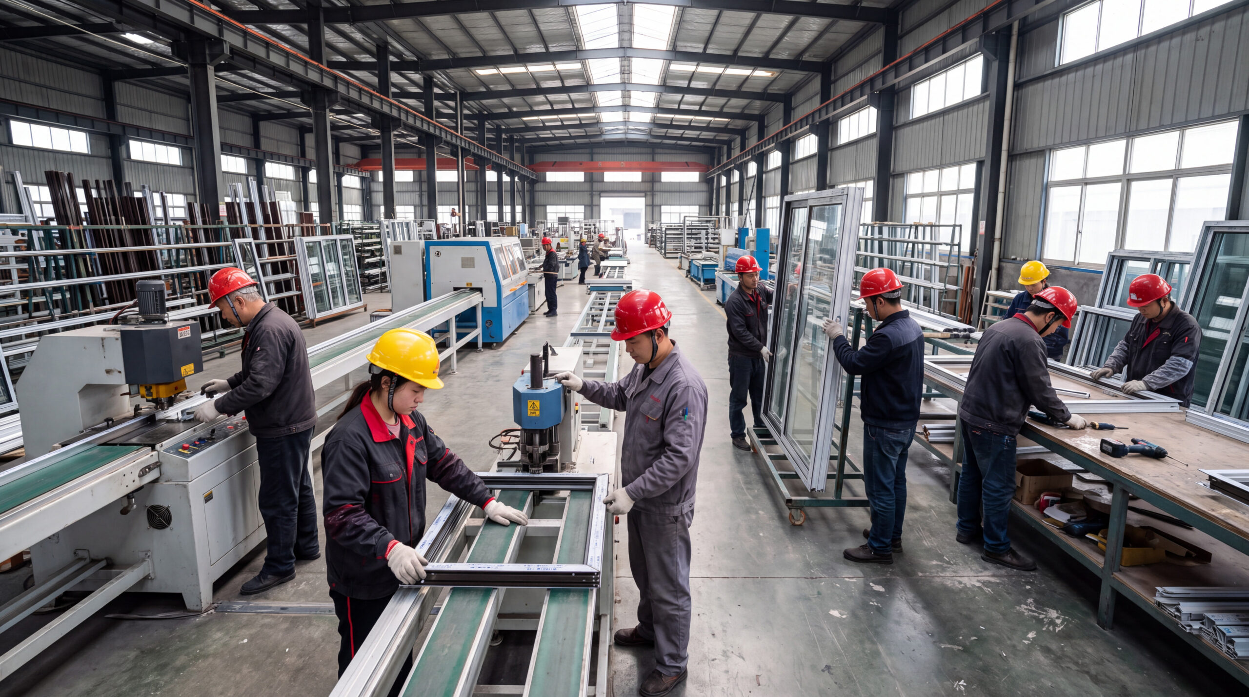 Helmeted workers on window and door production line
